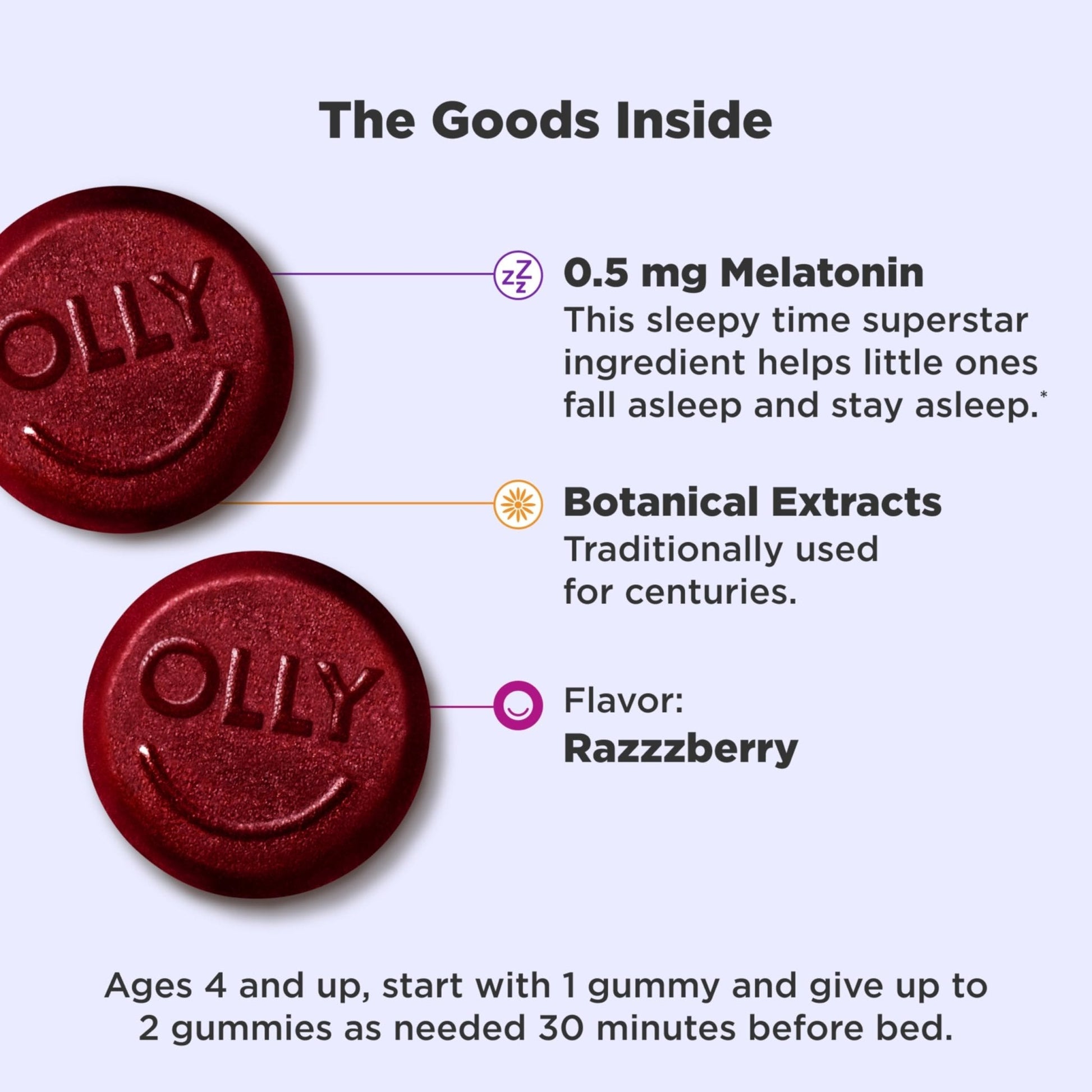 OLLY Kids Sleep Gummies, 0.5mg Melatonin, L Theanine, Chamomile, and Lemon Balm, Raspberry - 70 Count - Maple Wellness Supplements