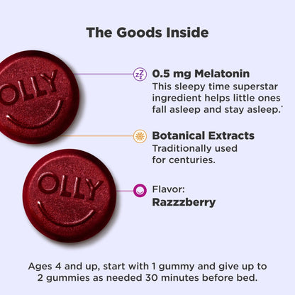 OLLY Kids Sleep Gummies, 0.5mg Melatonin, L Theanine, Chamomile, and Lemon Balm, Raspberry - 70 Count - Maple Wellness Supplements