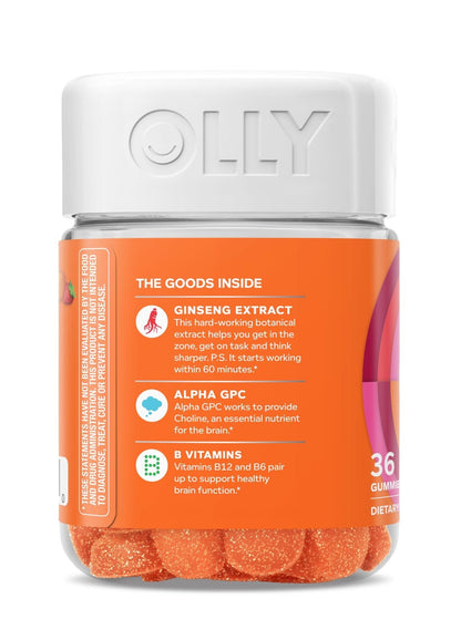 OLLY Laser Focus Gummy, Ginseng, Alpha GPC, B Vitamins, Berry Tangerine Flavor - 36 Count - Maple Wellness Supplements