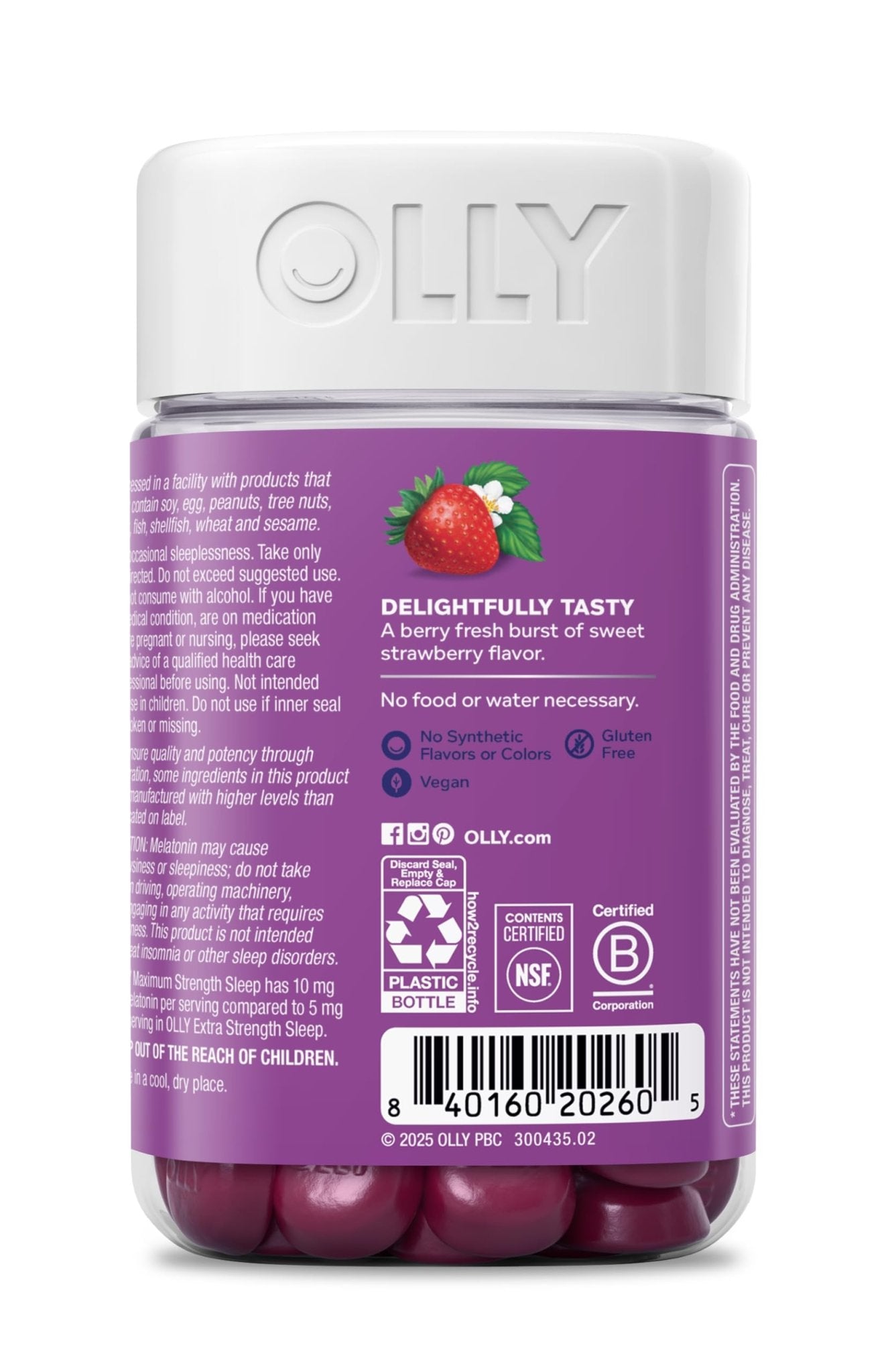 OLLY Max Strength Sleep Gummy, 10mg Melatonin, L-Theanine, Chamomile, Lemon Balm, Sugar Free, Vegetarian Sleep Aid, Strawberry - 70 Count - Maple Wellness Supplements
