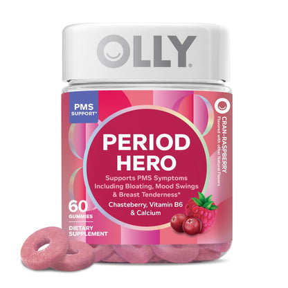 OLLY Period Hero Gummies, PMS Support Supplement,* Chasteberry, Vitamin B6, Calcium, Cran-Raspberry Flavor, 30 Day Supply - 60 Count - Maple Wellness Supplements