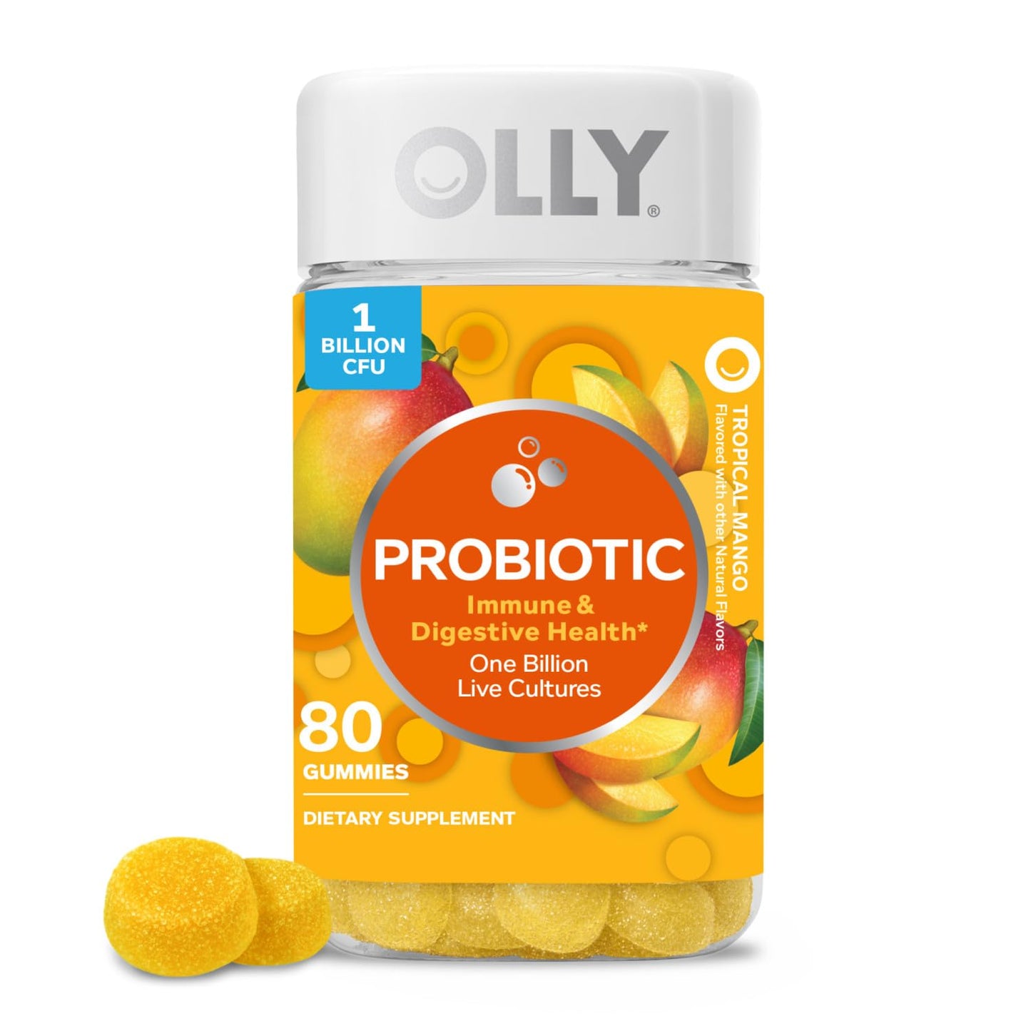 OLLY Probiotic Gummy, 1 Billion CFUs, Immune and Digestive Support, Chewable Probiotic Supplement, Mango, 80 Count - Maple Wellness Supplements