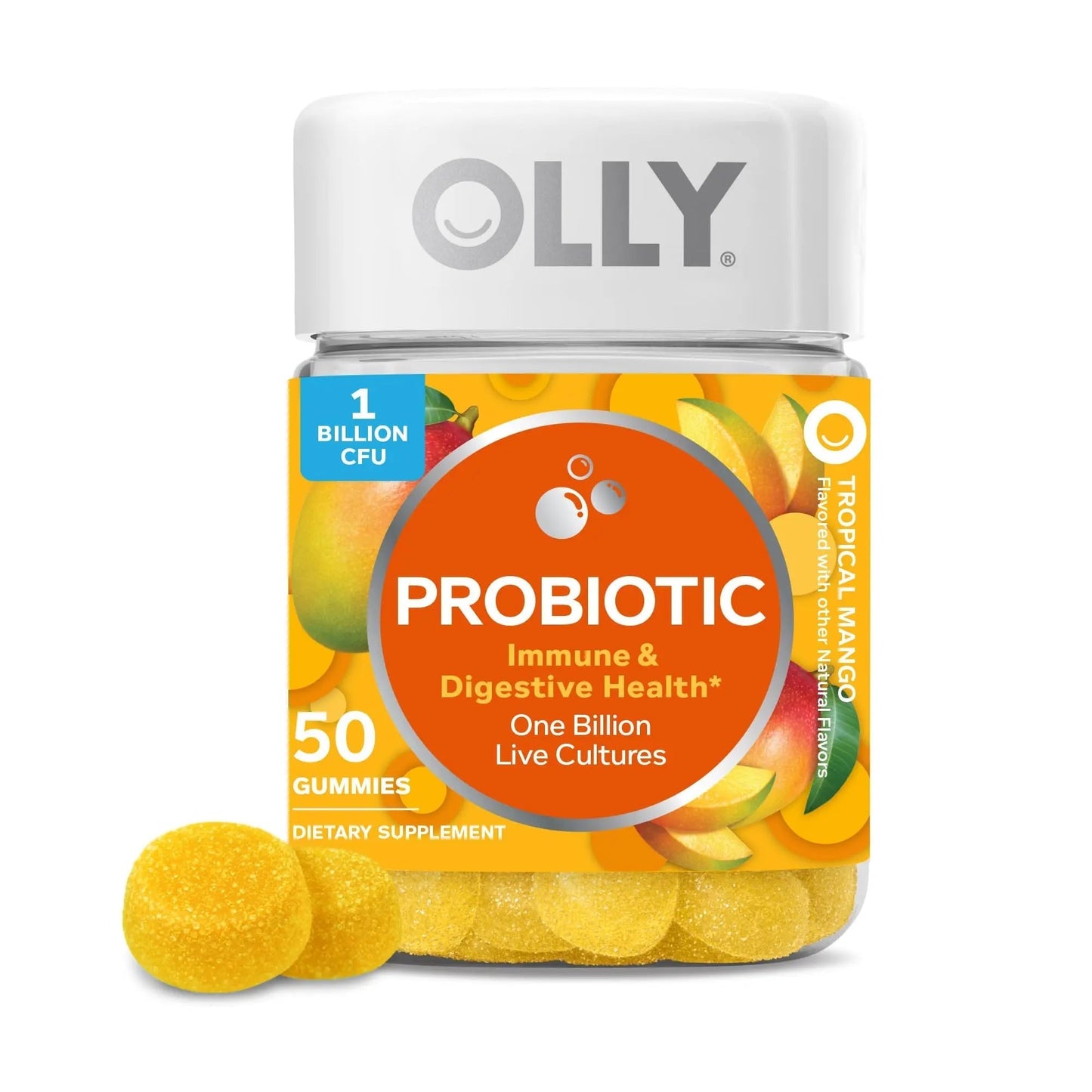OLLY Probiotic Gummy, Immune and Digestive Support, 1 Billion CFUs, Chewable Probiotic Supplement, Mango, 25 Day Supply - 50 Count - Maple Wellness Supplements