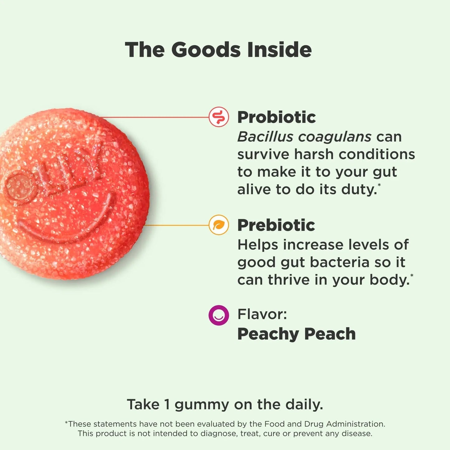 OLLY Probiotic + Prebiotic Gummy, Digestive Support and Gut Health, 500 Million CFUs, Fiber, Adult Chewable Supplement for Men and Women, Peach, 30 Day Supply - 30 Count - Maple Wellness Supplements