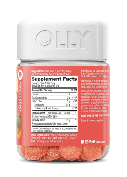 OLLY Probiotic + Prebiotic Gummy, Digestive Support and Gut Health, 500 Million CFUs, Fiber, Adult Chewable Supplement for Men and Women, Peach, 30 Day Supply - 30 Count - Maple Wellness Supplements