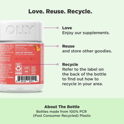 OLLY Probiotic + Prebiotic Gummy, Digestive Support and Gut Health, 500 Million CFUs, Fiber, Adult Chewable Supplement for Men and Women, Peach, 30 Day Supply - 30 Count - Maple Wellness Supplements