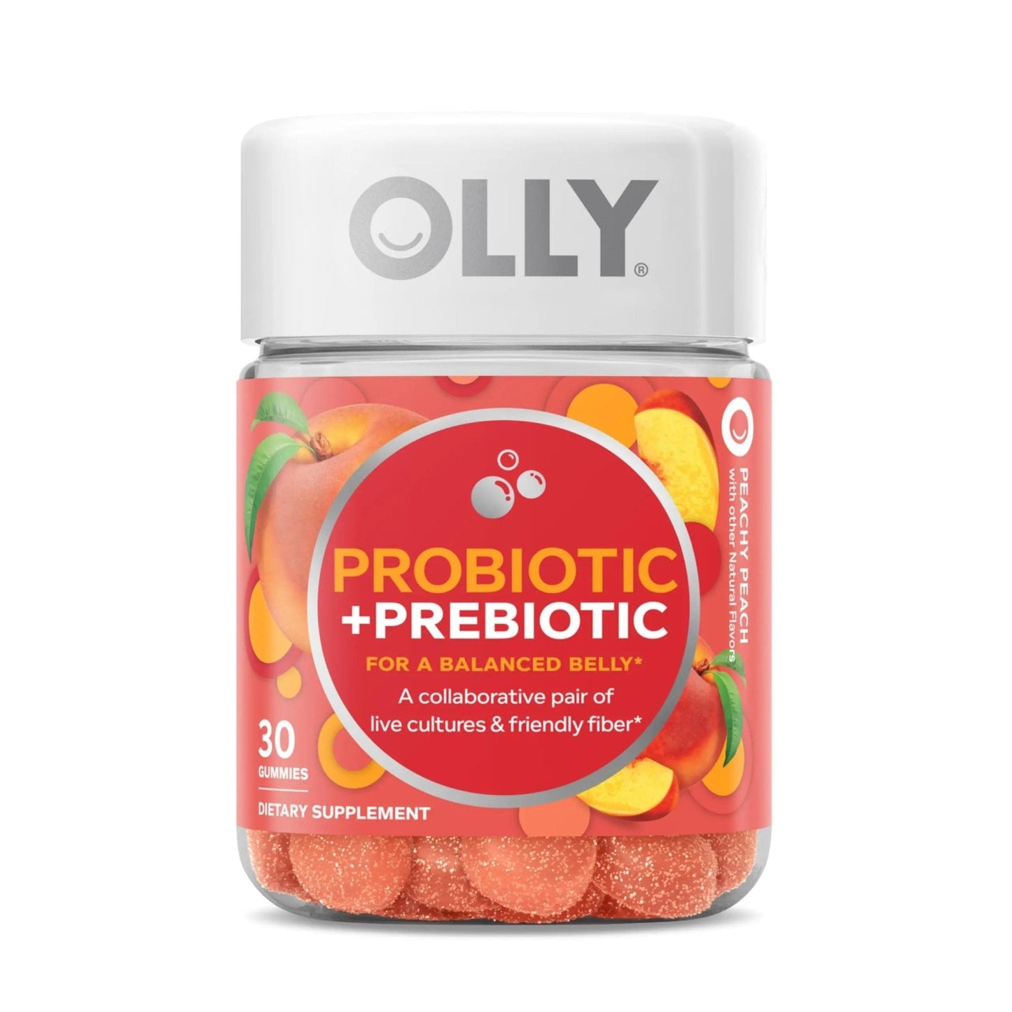 OLLY Probiotic + Prebiotic Gummy, Digestive Support and Gut Health, 500 Million CFUs, Fiber, Adult Chewable Supplement for Men and Women, Peach, 30 Day Supply - 30 Count - Maple Wellness Supplements