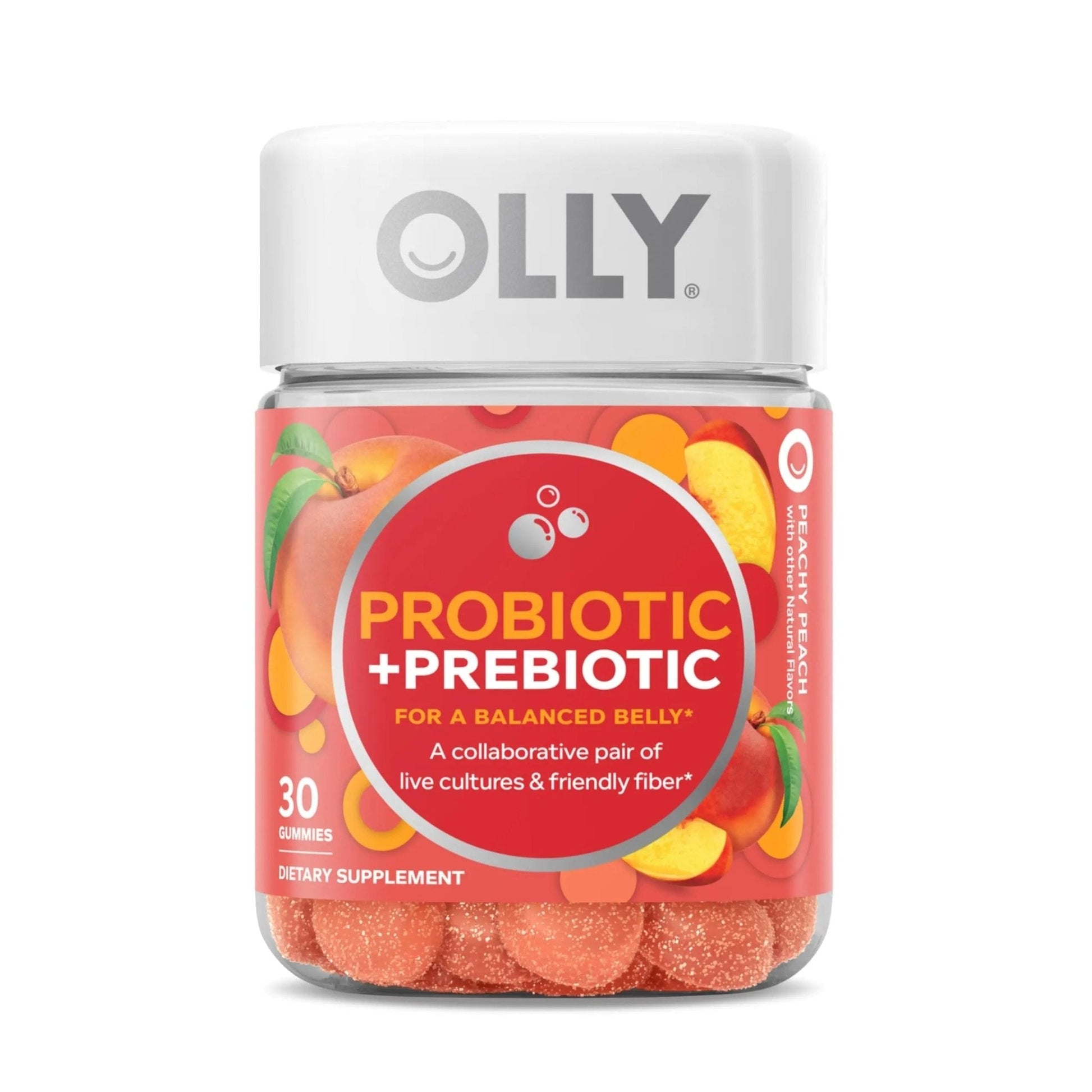 OLLY Probiotic + Prebiotic Gummy, Digestive Support and Gut Health, 500 Million CFUs, Fiber, Adult Chewable Supplement for Men and Women, Peach, 30 Day Supply - 30 Count - Maple Wellness Supplements