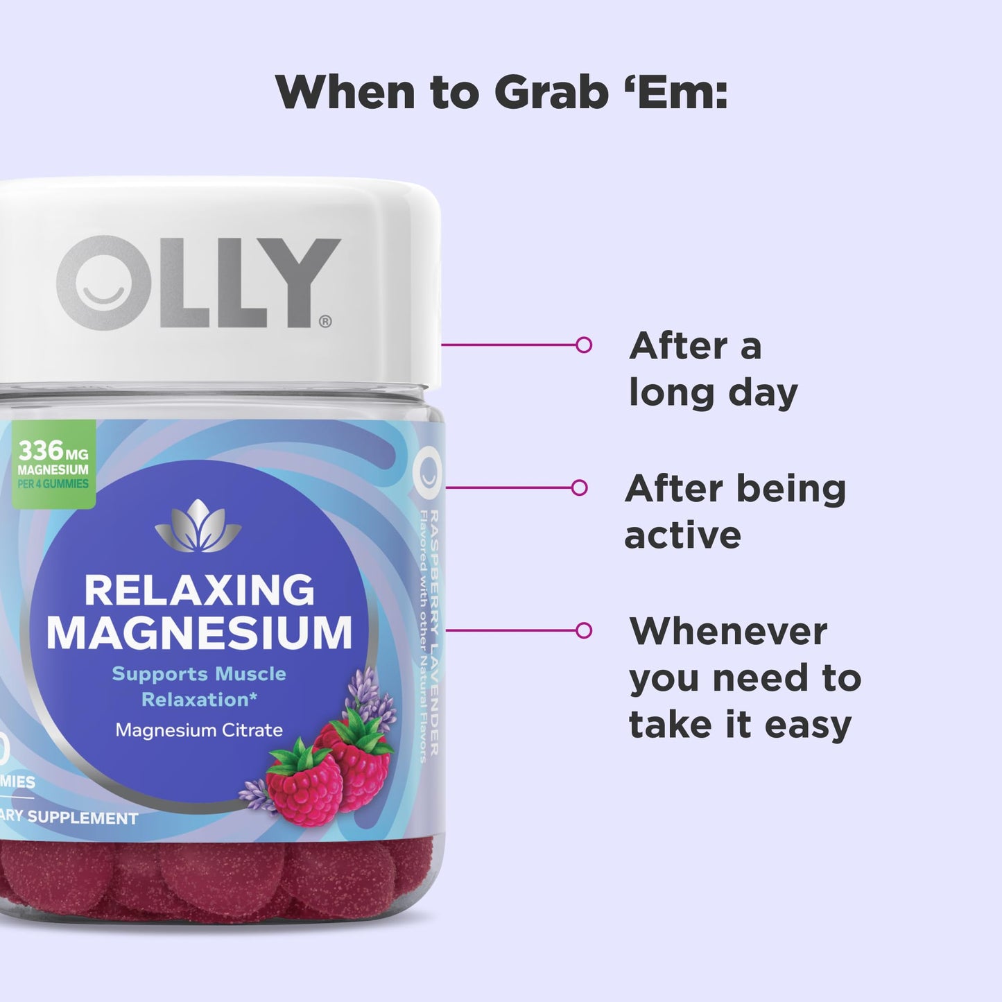 OLLY Relaxing Magnesium Gummies, Supports Muscle Relaxation*, Magnesium Citrate, Raspberry Lavender Flavor, 15 Day Supply - 60 Count - Maple Wellness Supplements
