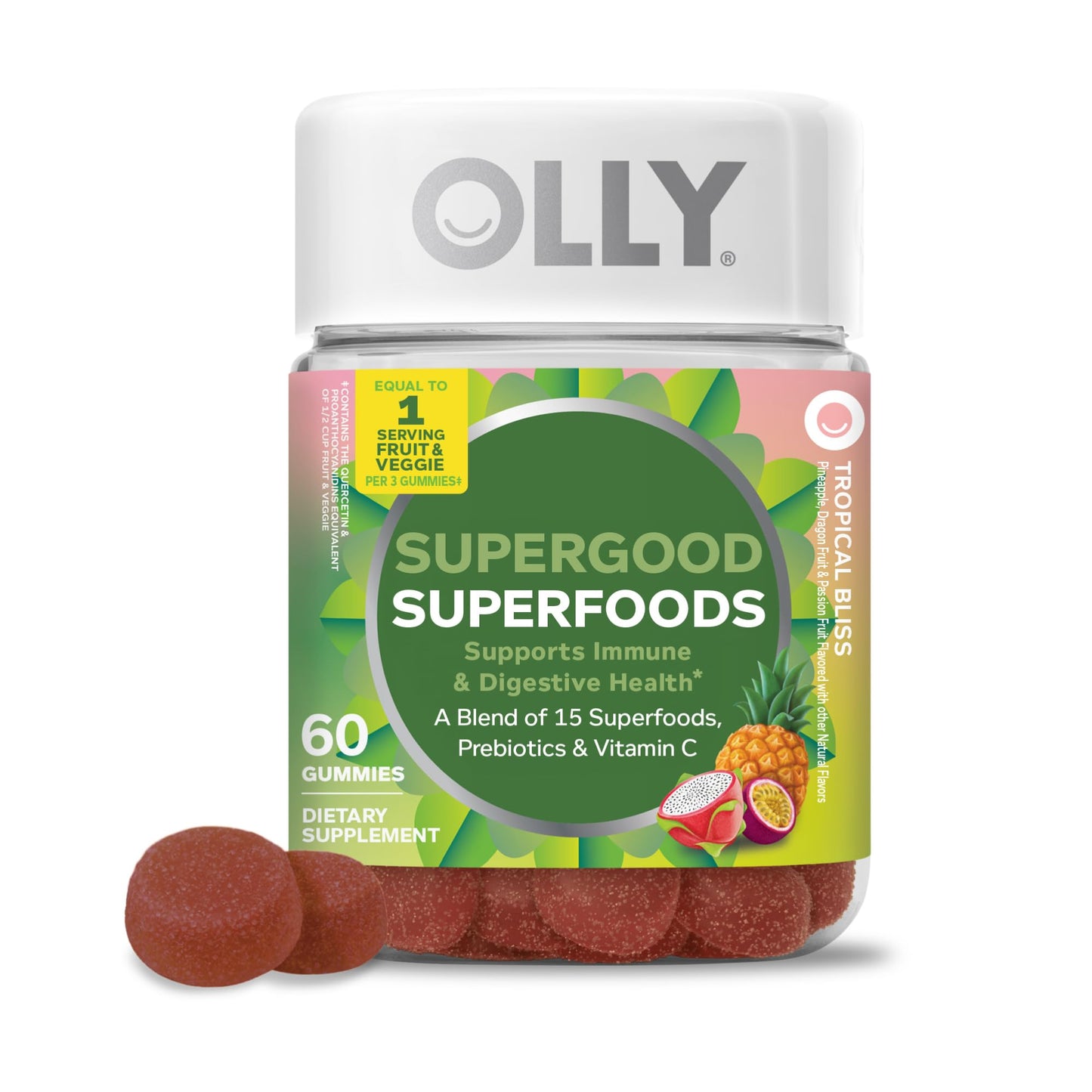 OLLY Supergood Superfoods Gummies, Supports Immune System & Digestive Health,* 15 Superfoods, Prebiotics, Vitamin C, Tropical Bliss Flavor - Maple Wellness Supplements