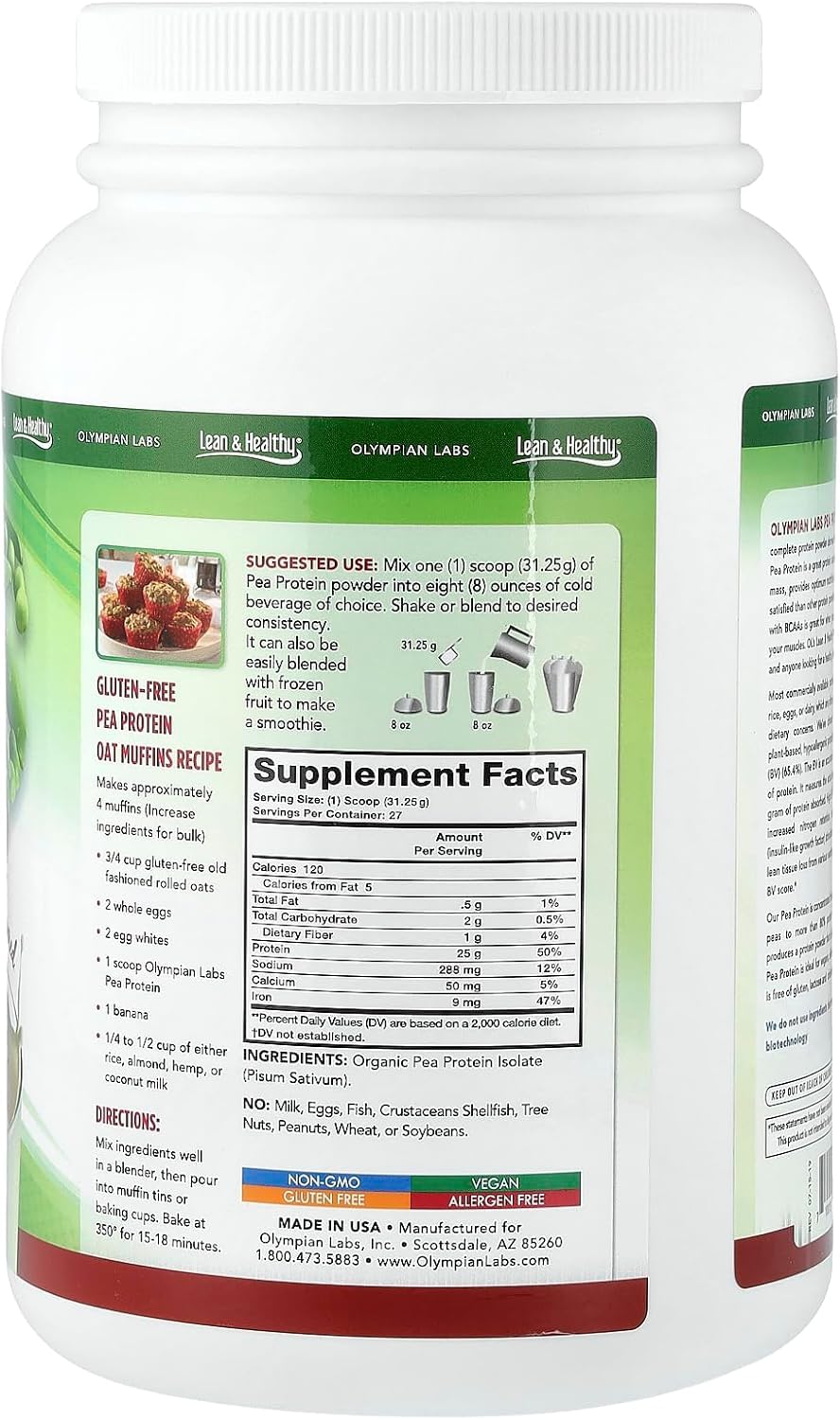 Olympian Labs Plant Based Pea Protein Powder, Unflavored - 25g of Protein, Vegan, Low Net Carbs, Gluten Free, Lactose Free, No Sugar Added, Soy Free - Maple Wellness Supplements