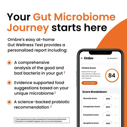 Ombre Gut Health Test Kit - Probiotic Recommender at Home Test for Women & Men - Detailed Custom Gut Microbiome Analysis for Digestive, Immune and Mental Health with Food Suggestions - Maple Wellness Supplements