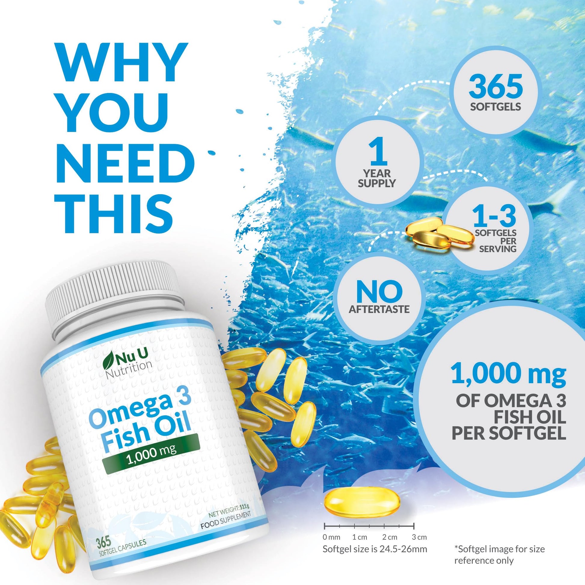 Omega 3 Fish Oil 1000mg - 365 Softgel Capsules - Up to 12 Month’s Supply - Pure Fish Oil - Maple Wellness Supplements