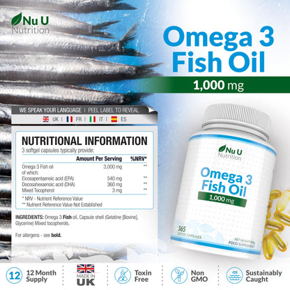 Omega 3 Fish Oil 1000mg - 365 Softgel Capsules - Up to 12 Month’s Supply - Pure Fish Oil - Maple Wellness Supplements