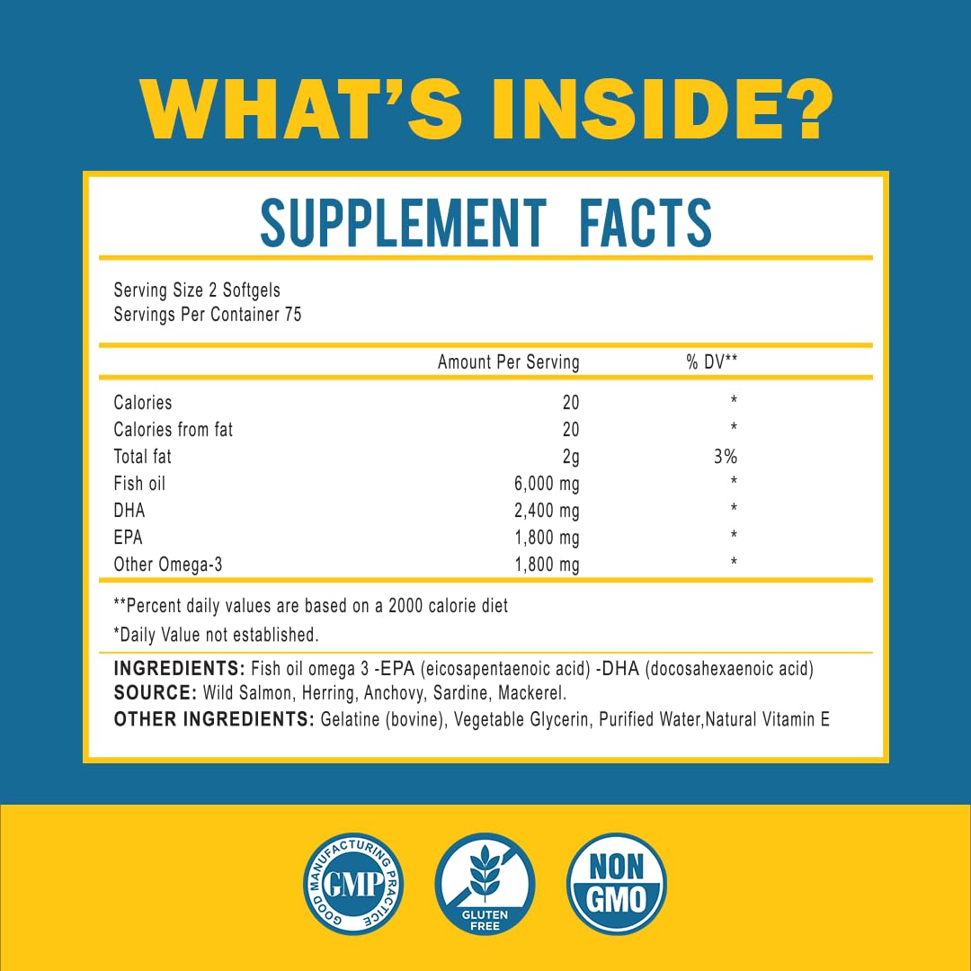 Omega 3 Fish Oil with Maximum EPA DHA - Supports Brain, Liver, Heart & Immunity - Made in The USA - 150 Softgels - Maple Wellness Supplements