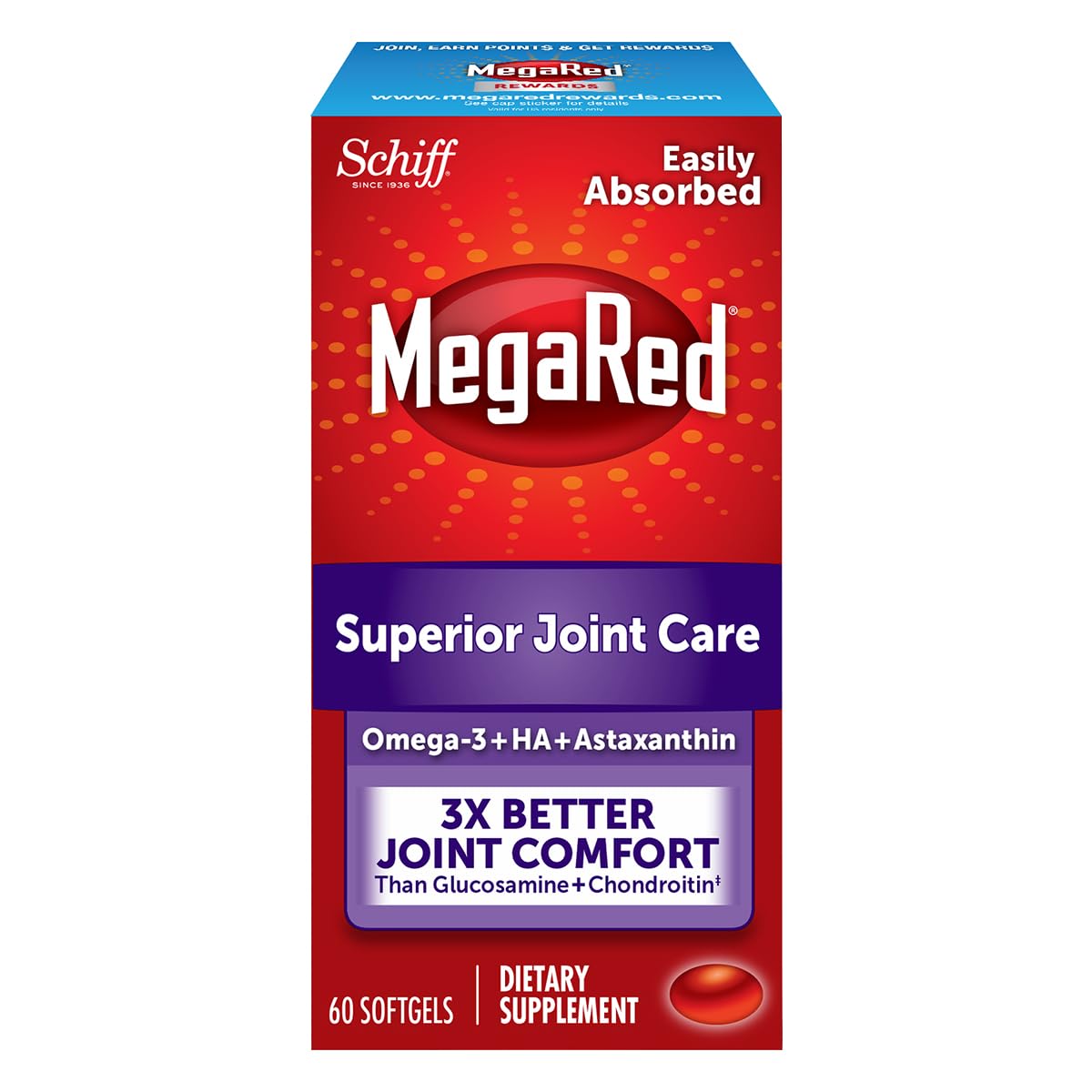 Omega-3 Krill Oil and Joint Supplement - Megared Joint Care 60 softgels - EPA/DHA fatty acids, Antioxidants, Hyaluronic acid, No fishy burp aftertaste as with Fish Oil - Maple Wellness Supplements