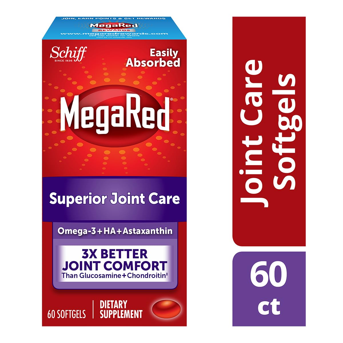 Omega-3 Krill Oil and Joint Supplement - Megared Joint Care 60 softgels - EPA/DHA fatty acids, Antioxidants, Hyaluronic acid, No fishy burp aftertaste as with Fish Oil - Maple Wellness Supplements