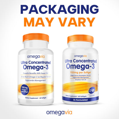 OmegaVia Ultra Concentrated Omega 3 Fish Oil Burpless, 60 Softgels, Triple Strength Omega 3 Fish Oil Supplements, 1135 mg Pure Omega3 - Maple Wellness Supplements
