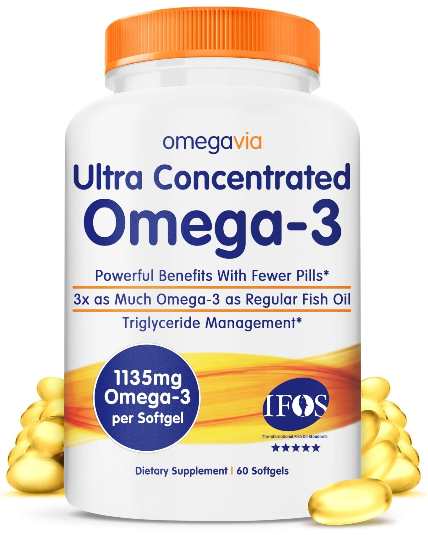 OmegaVia Ultra Concentrated Omega 3 Fish Oil Burpless, 60 Softgels, Triple Strength Omega 3 Fish Oil Supplements, 1135 mg Pure Omega3 - Maple Wellness Supplements