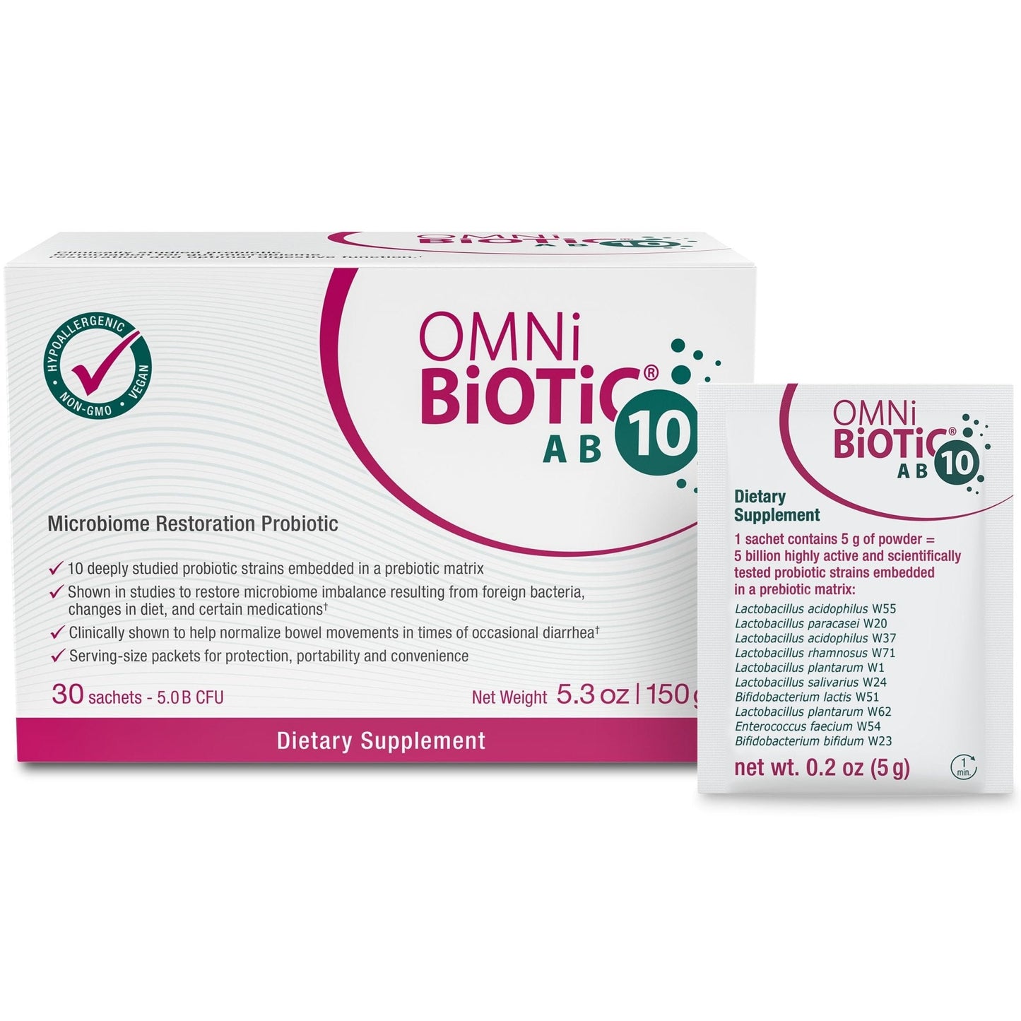 OMNi BiOTiC AB 10 - Clinically Tested Restorative Probiotic - Supports & Restores Gut Flora & Digestion - Digestive Probiotic for Diarrhea - Vegan, Hypoallergenic, Non-GMO (30 Daily Packets) - Maple Wellness Supplements