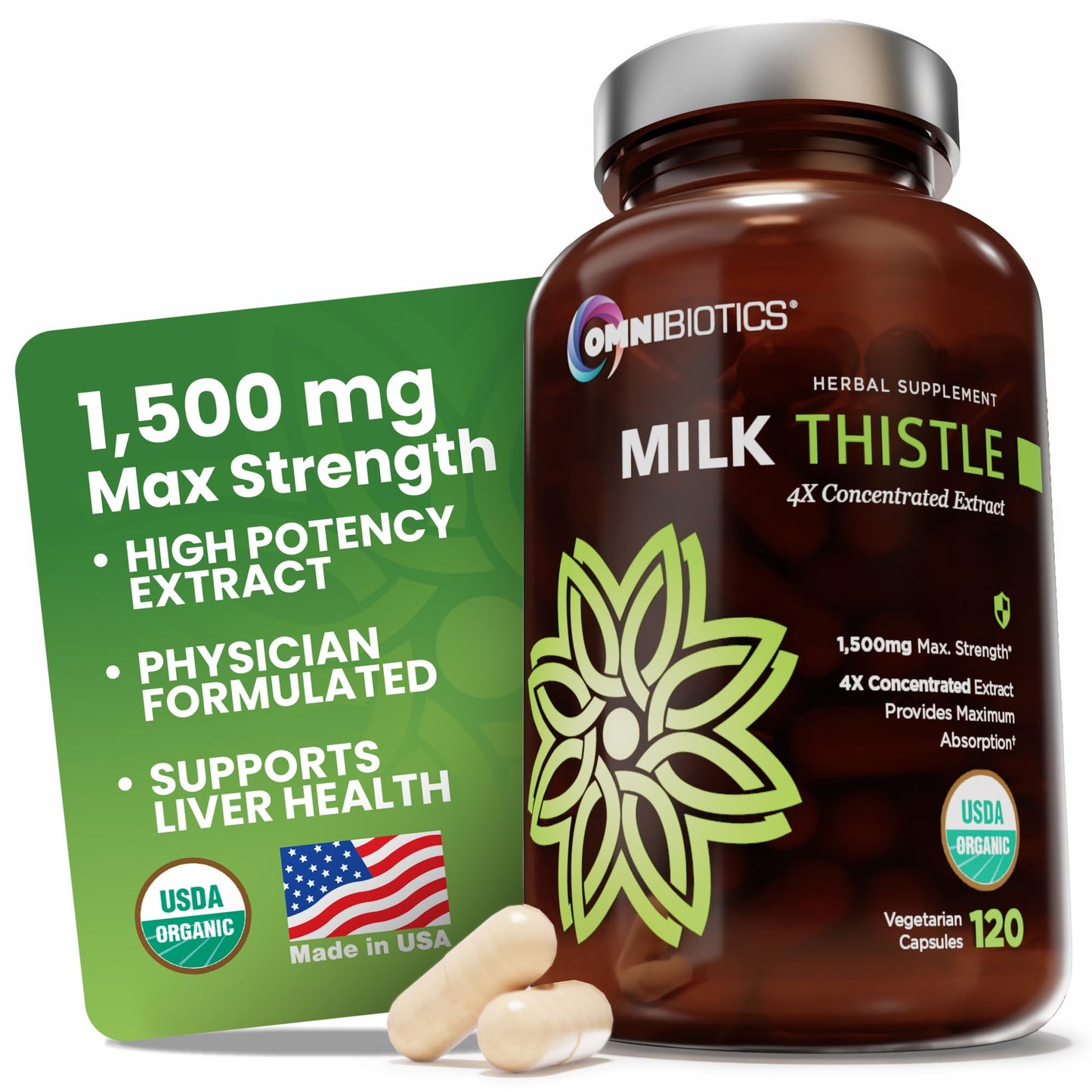 OmniBiotics Organic Milk Thistle Supplement 1500mg – 4X Concentrated Extract with Silymarin – High Potency Liver Detox & Support - Maple Wellness Supplements