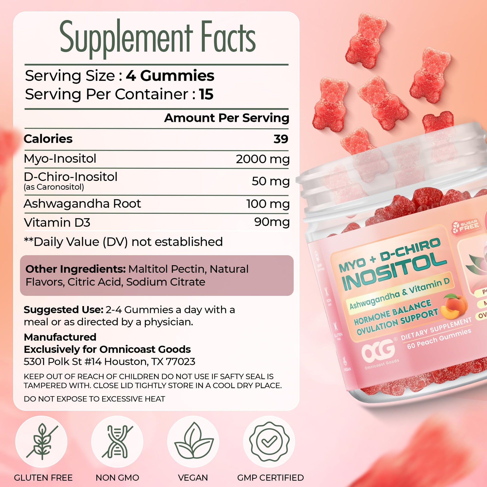 OMNICOAST GOODS, OCG Myo-Inositol & D-Chiro Inositol Gummies with Ashwagandha | PCOS Support | Ovulation & Mood Support, 40:1 Ratio Inositol for Hormone Balance, Sugar-Free, Non-GMO (60 Gummies) - Maple Wellness Supplements