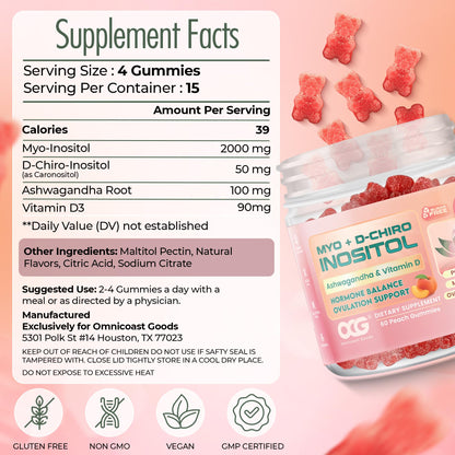 OMNICOAST GOODS, OCG Myo-Inositol & D-Chiro Inositol Gummies with Ashwagandha | PCOS Support | Ovulation & Mood Support, 40:1 Ratio Inositol for Hormone Balance, Sugar-Free, Non-GMO (60 Gummies) - Maple Wellness Supplements