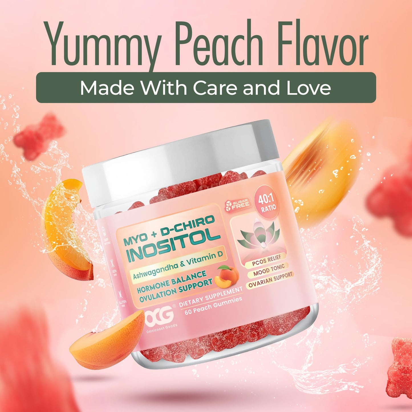 OMNICOAST GOODS, OCG Myo-Inositol & D-Chiro Inositol Gummies with Ashwagandha | PCOS Support | Ovulation & Mood Support, 40:1 Ratio Inositol for Hormone Balance, Sugar-Free, Non-GMO (60 Gummies) - Maple Wellness Supplements