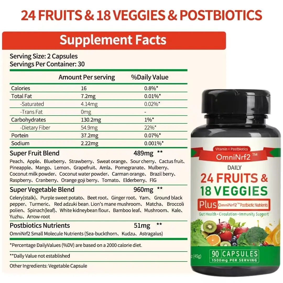 OmniNrf2 Postbiotic Supplement Capsules for Gut Health, Superfood with 24 Fruits & 18 Veggies & Fermented Herbal Plants, 90 Capsules for Antioxidant Support - Maple Wellness Supplements