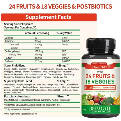 OmniNrf2 Postbiotic Supplement Capsules for Gut Health, Superfood with 24 Fruits & 18 Veggies & Fermented Herbal Plants, 90 Capsules for Antioxidant Support - Maple Wellness Supplements
