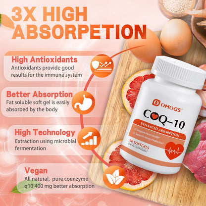 OMOGS CoQ10 400mg Softgels, Coenzyme Q10 High Absorption Supplements Support Heart Health, Cardiovascular Health, Immune System - Maple Wellness Supplements