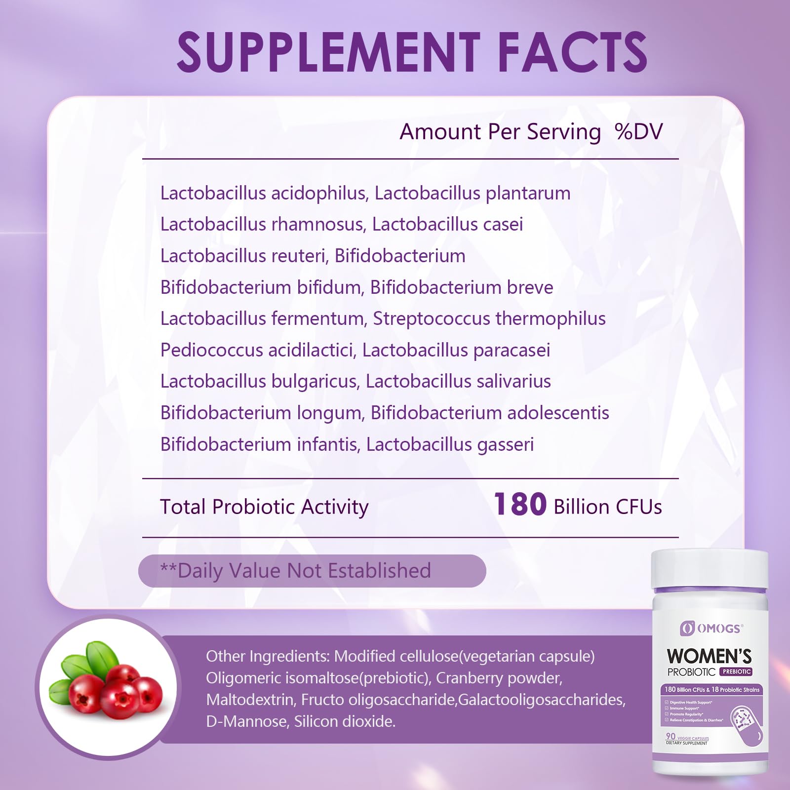 OMOGS Women's Probiotic 180 Billion CFUs 18 Strains, with Organic Prebiotics, Cranberry Extract, D-Mannose & Digestive Enzymes, for Digestive, Boost Immune, - Maple Wellness Supplements