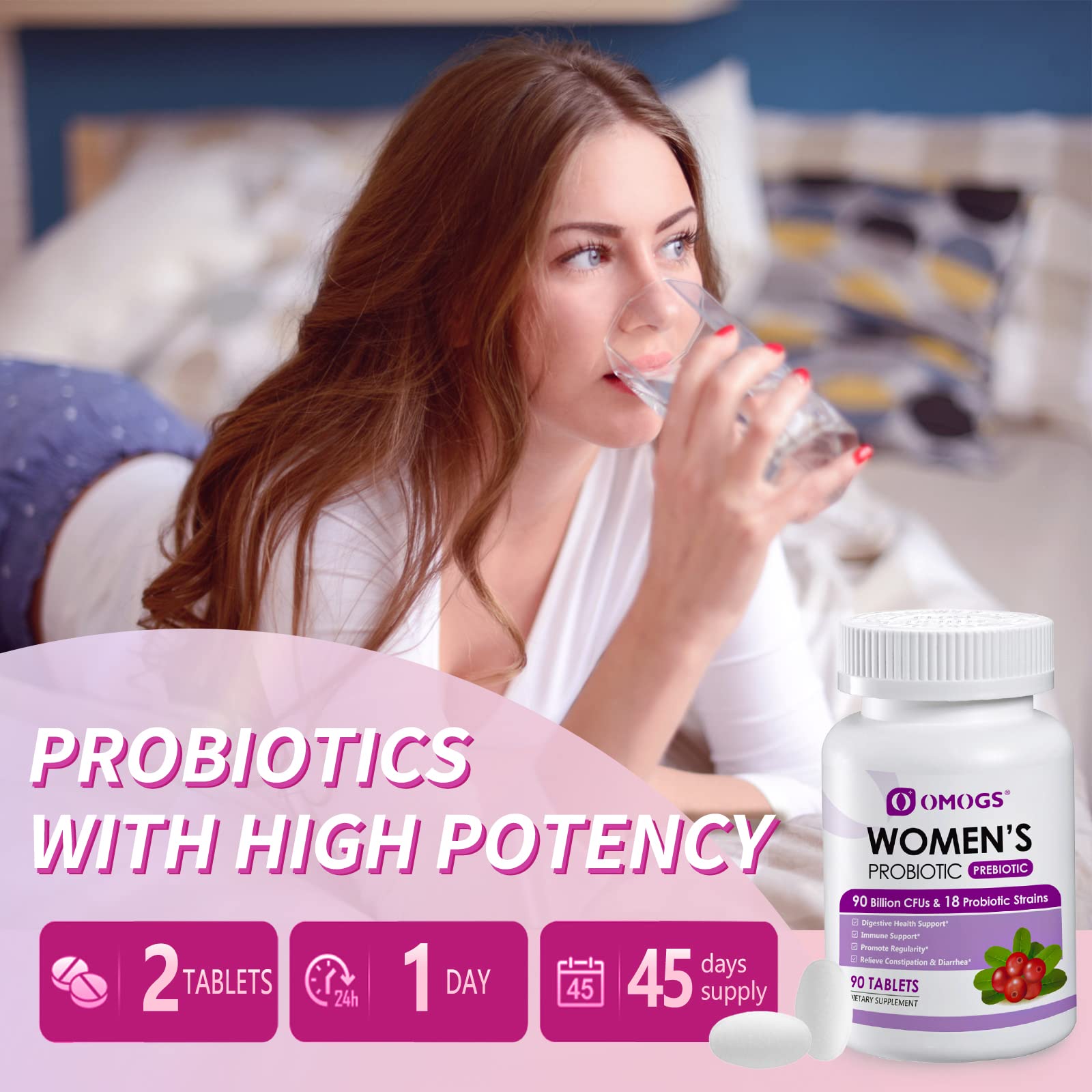 OMOGS Women's Probiotic, with Cranberry Extract, Organic Prebiotics & Vitamin C, 90 Billion CFUs,18 Strains, Help for Boost Immune, Digestive, Gut Health & Women's Health - Maple Wellness Supplements