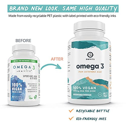 Omvits Vegan Omega 3 DHA from Algae Oil 1000mg - 60 Softgel Capsules with Vitamin E - Maple Wellness Supplements