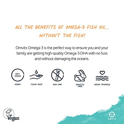 Omvits Vegan Omega 3 DHA from Algae Oil 1000mg - 60 Softgel Capsules with Vitamin E - Maple Wellness Supplements