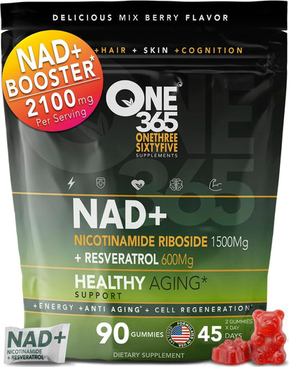 ONE 365 NAD+ Supplement Gummies Nicotinamide Riboside Resveratrol Cellular Energy Healthy Aging Support Antioxidant NAD Plus Booster for Women and Men Vegan Non GMO 1500mg Gummy Vitamins - Maple Wellness Supplements