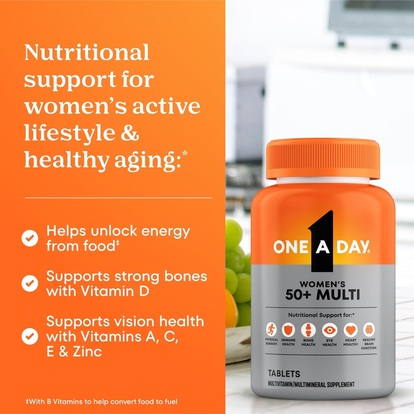 One A Day Multivitamin for Women 50 and Over Tablets, Womens Multivitamin 50 plus with Vitamins D, C, E, Zinc & Biotin, Daily Vitamins - Maple Wellness Supplements