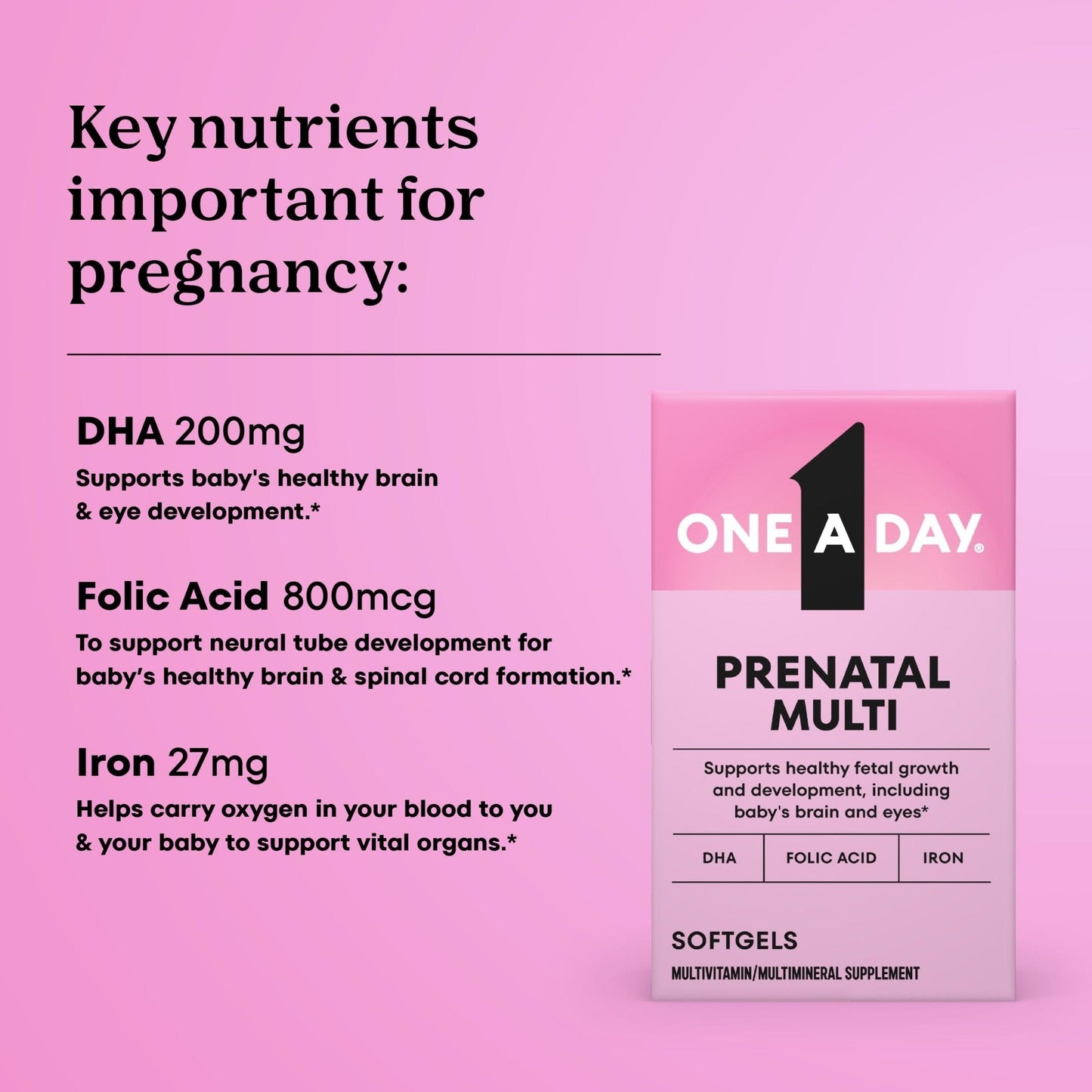 One A Day Prenatal Vitamins- Folic Acid, Iron, Omega- 3 (DHA), Pregnancy Vitamins for Women, Prenatal Multivitamin for Mom and Baby Support - Maple Wellness Supplements