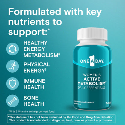 One A Day Women's Active Metabolism Daily Essential, Multivitamin for Women, Metabolism Support, Vitamins for Women with All 8 B-Vitamins, Vitamin D, Magnesium & More,120 Count - Maple Wellness Supplements