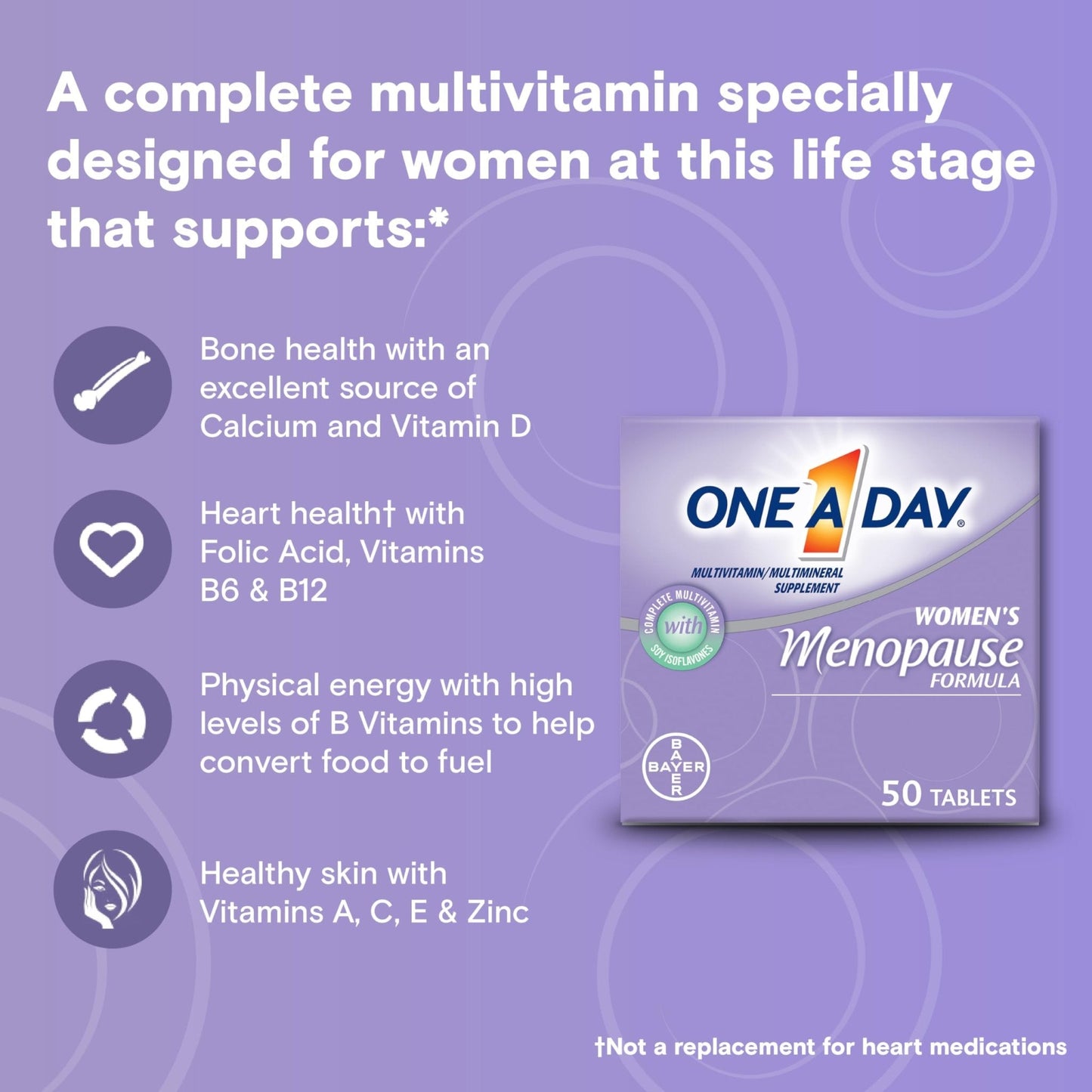 One A Day Women's Menopause Multivitamin with Vitamin A, Vitamin C, Vitamin D, Vitamin E and Zinc for Immune Health Support, Bone health, 50 Count - Maple Wellness Supplements
