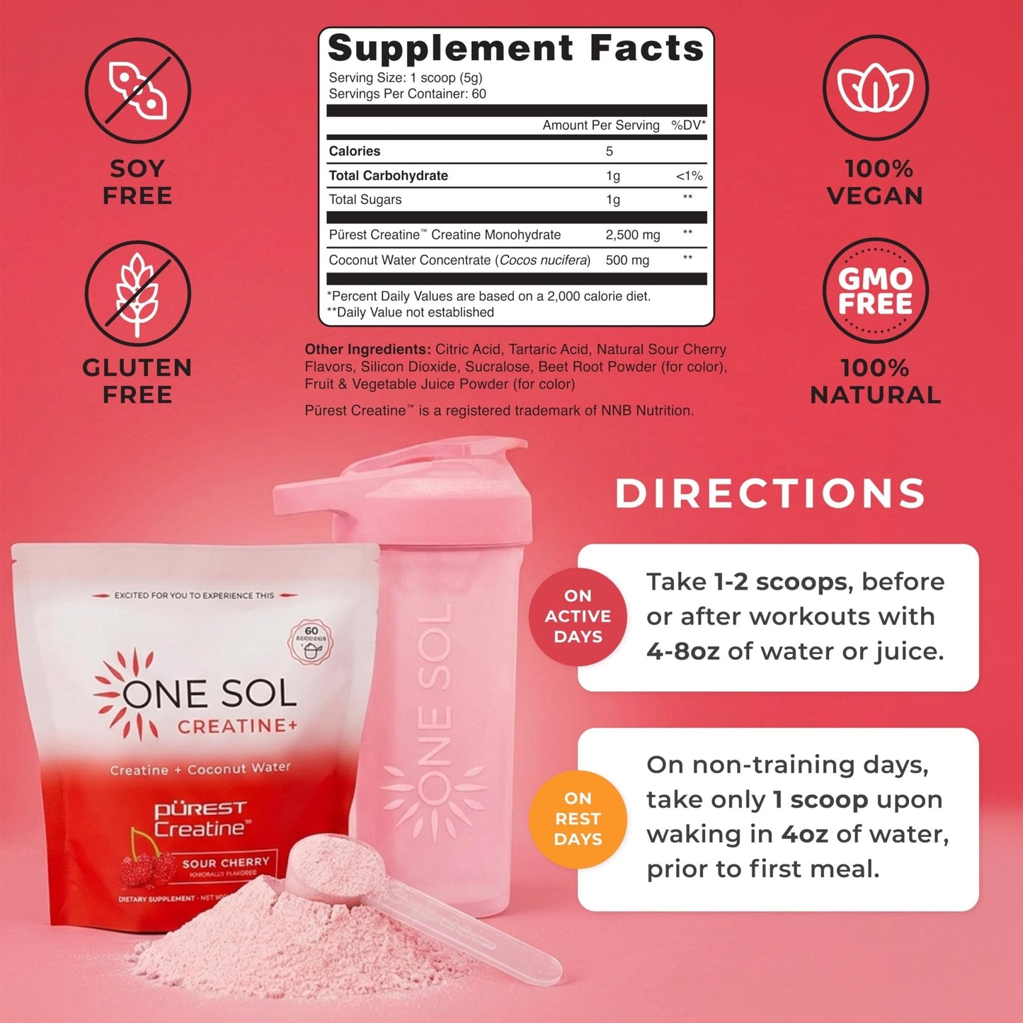 One Sol Creatine for Women, All Natural Women's Creatine Powder w Pure Creatine & Coconut Water, Increase Lean Muscle Mass, Reduce Recovery Time, Promote Brain & Bone Health (Sour Cherry, 60 Servings) - Maple Wellness Supplements