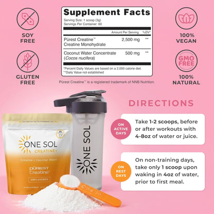 One Sol Creatine for Women, All Natural Women's Creatine Powder w Pure Creatine & Coconut Water, Increase Lean Muscle Mass, Reduce Recovery Time, Promotes Brain & Bone Health (Unflavored, 60 Servings) - Maple Wellness Supplements