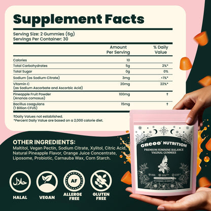 Oneoo Feminine Balance Gummies - Premium Balance Gummies for Women's pH Health, Feminine Gummy for Immune & Energy Support, Vegan, Gluten-Free, Hawaiian Pineapple, 60 Count - Maple Wellness Supplements