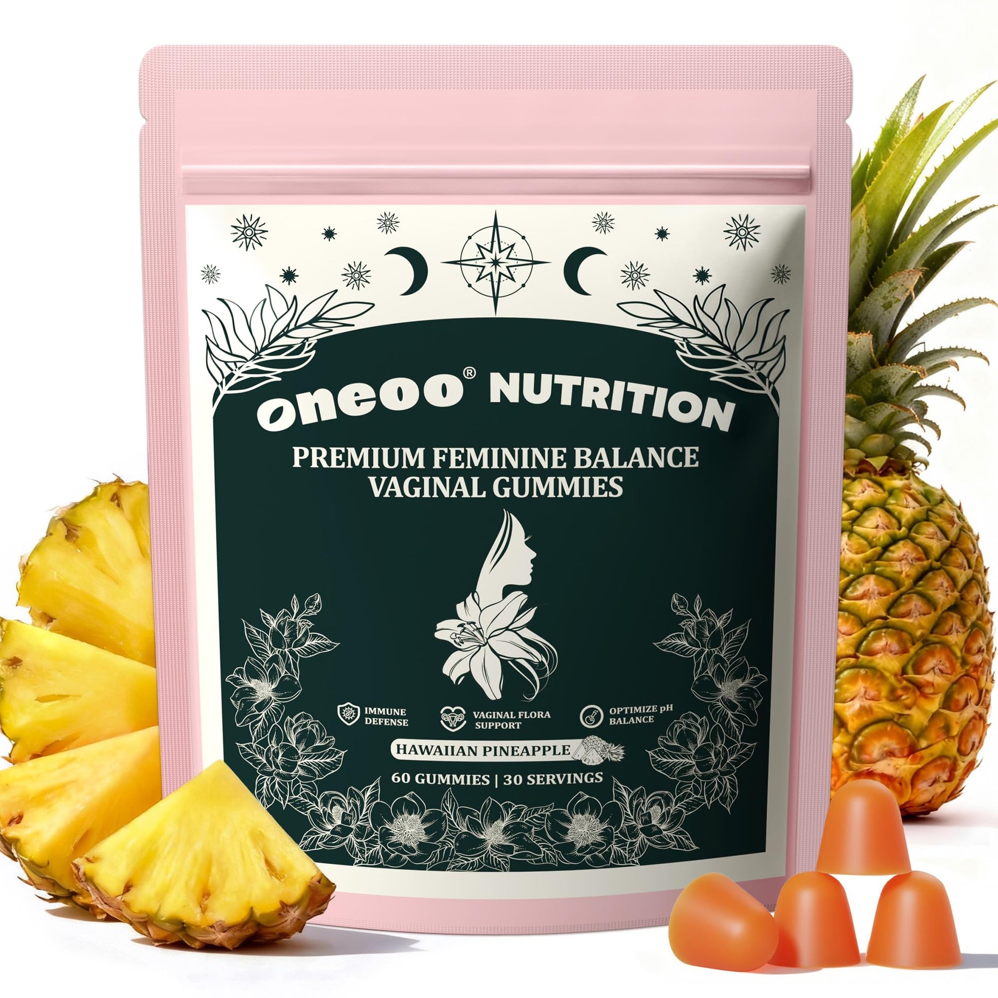 Oneoo Feminine Balance Gummies - Premium Balance Gummies for Women's pH Health, Feminine Gummy for Immune & Energy Support, Vegan, Gluten-Free, Hawaiian Pineapple, 60 Count - Maple Wellness Supplements