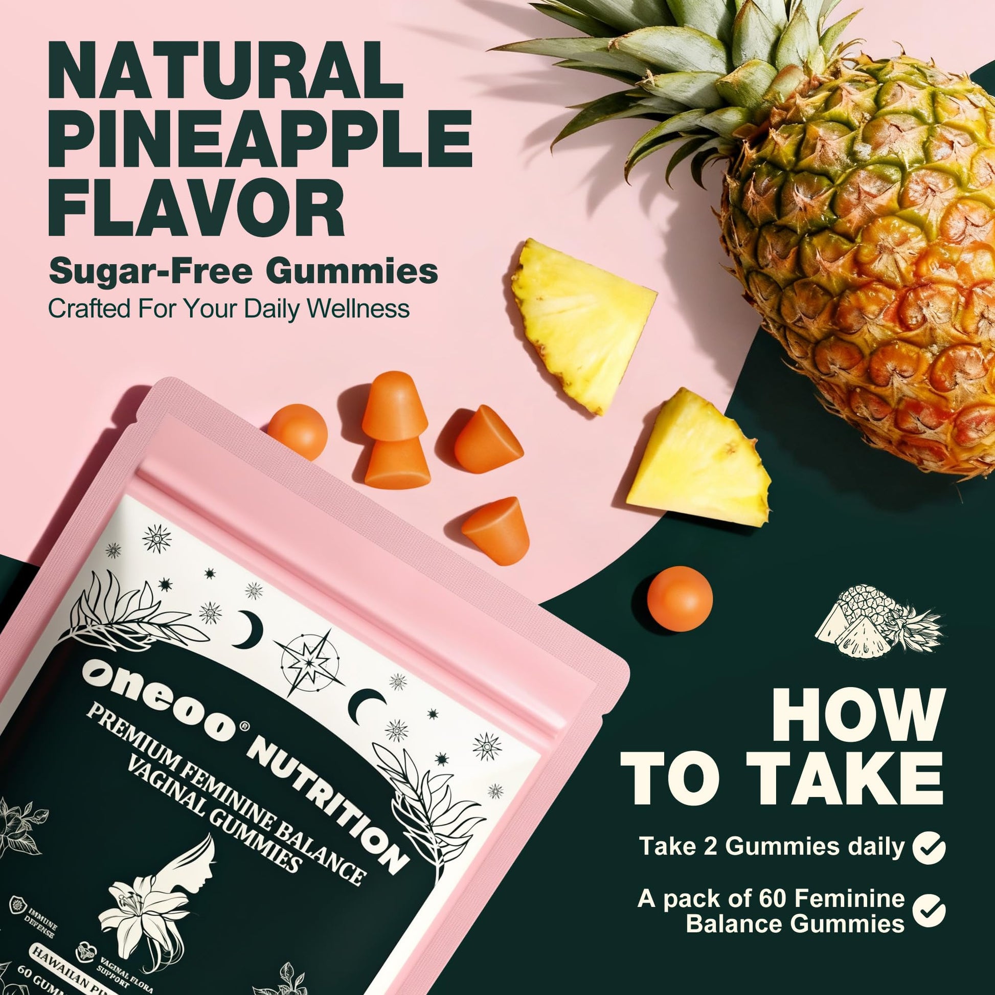 Oneoo Feminine Balance Gummies - Premium Balance Gummies for Women's pH Health, Feminine Gummy for Immune & Energy Support, Vegan, Gluten-Free, Hawaiian Pineapple, 60 Count - Maple Wellness Supplements