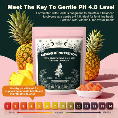Oneoo Feminine Balance Gummies - Premium Balance Gummies for Women's pH Health, Feminine Gummy for Immune & Energy Support, Vegan, Gluten-Free, Hawaiian Pineapple, 60 Count - Maple Wellness Supplements