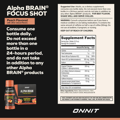 ONNIT Alpha Brain Focus Shot, Peach Flavor, Nootropic Dietary Supplement Drink That Supports Energy, Focus, and Mood, IGEN™ Non-GMO Tested, 2.5 fl oz, 6 Count - Maple Wellness Supplements