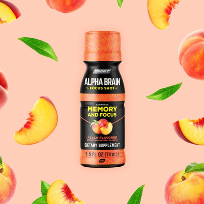ONNIT Alpha Brain Focus Shot, Peach Flavor, Nootropic Dietary Supplement Drink That Supports Energy, Focus, and Mood, IGEN™ Non-GMO Tested, 2.5 fl oz, 6 Count - Maple Wellness Supplements