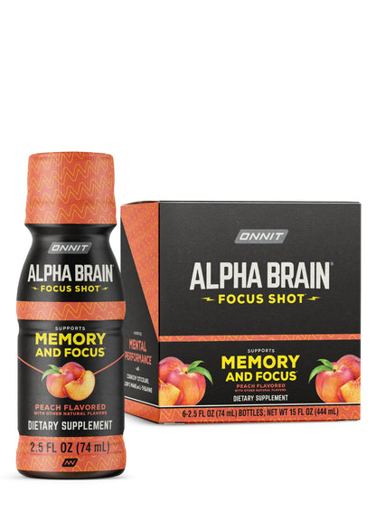 ONNIT Alpha Brain Focus Shot, Peach Flavor, Nootropic Dietary Supplement Drink That Supports Energy, Focus, and Mood, IGEN™ Non-GMO Tested, 2.5 fl oz, 6 Count - Maple Wellness Supplements