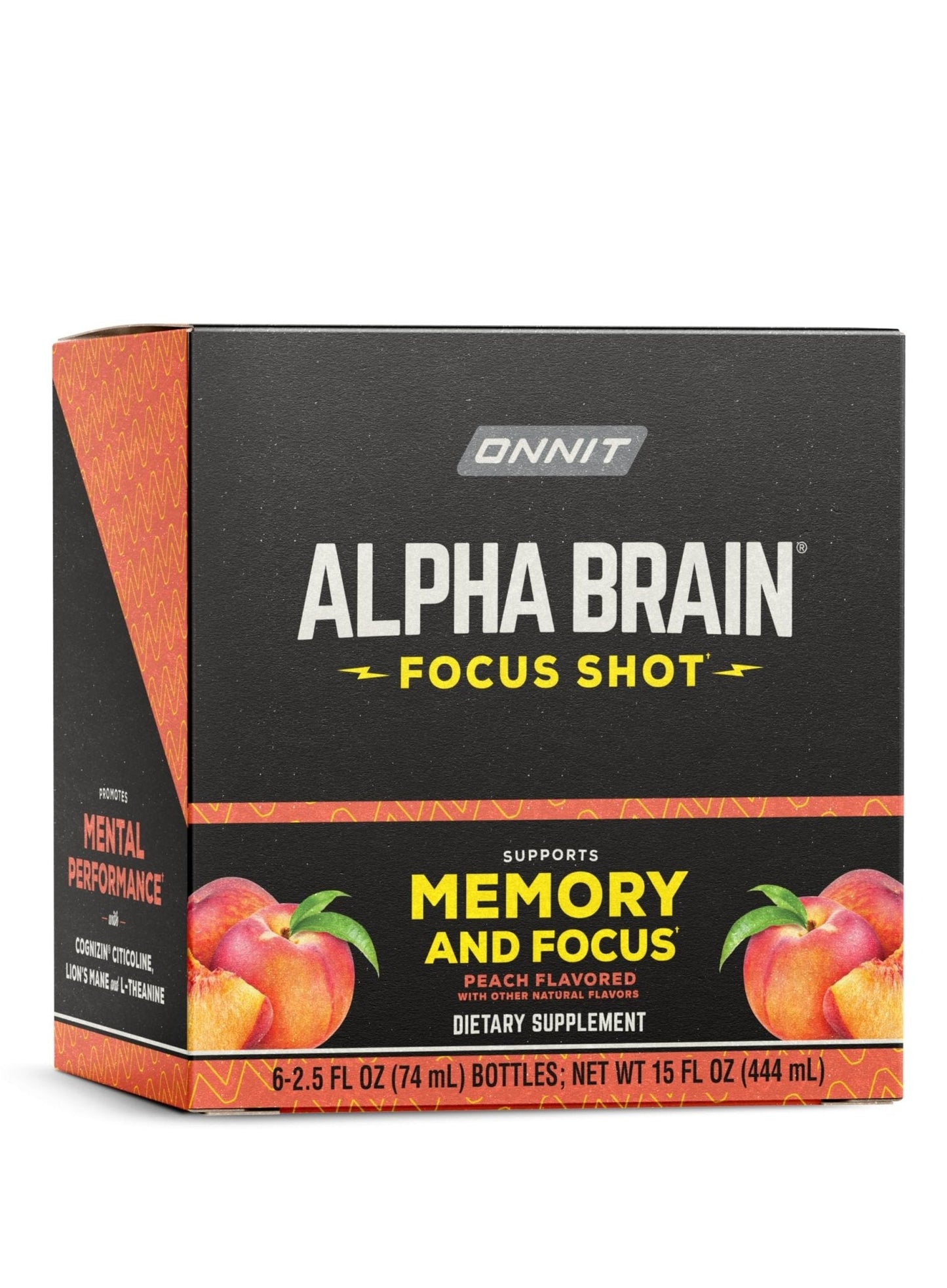 ONNIT Alpha Brain Focus Shot, Peach Flavor, Nootropic Dietary Supplement Drink That Supports Energy, Focus, and Mood, IGEN™ Non-GMO Tested, 2.5 fl oz, 6 Count - Maple Wellness Supplements